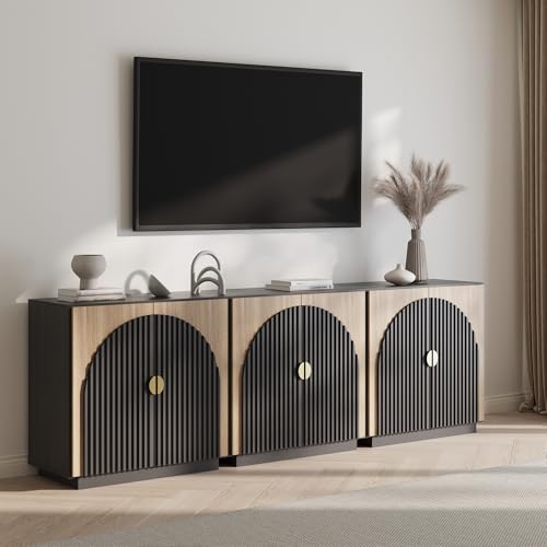 BELLEZE Set of 3 Fluted Sideboard Buffet Cabinet with Storage, Mid-Century Modern Console Table with Symmetrical Arched Doors, Elegant Credenza for Dining Room, Kitchen, and Living Room, Camel