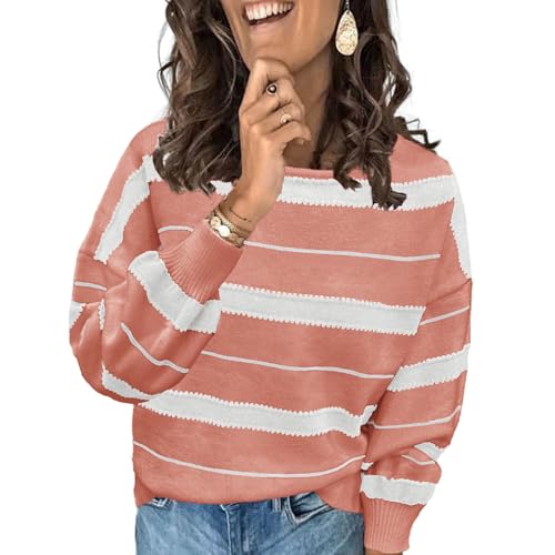 Image of Ancapelion Women’s Striped Colour Block Jumper Long Sleeve Chunky Sweater Crew Neck Knit Pullover Tops Knitwear Pink L