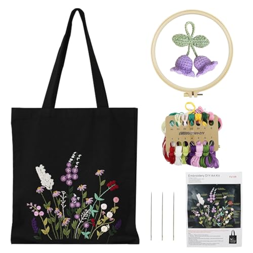 DRADERCH Sticken Set Canvas Tragetasche Stickset für Anfänger Canvas Handtasche Stick Sticken Erwachsene mit Blumenmuster mit Werkzeugen und Anleitungen Perfekt für Anfänger und Bastelfreunde