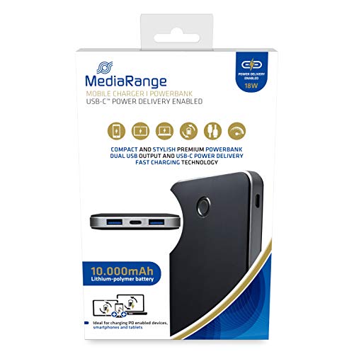 MediaRange Banque d'alimentation Mobile Noir MR753 10.000mAh Micro-USB-C cble de Charge