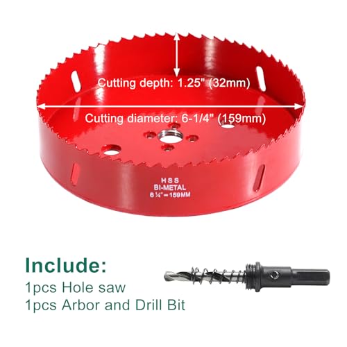 HYCHIKA 6-1/4 Inch/159mm Hole Saw,Bi-Metal Cutter Hole Max Cutting Depth 32mm with 1 Arbor Drill Bit for Wood Cutting Cornhole Plastic Drywall Boards Fiberboard