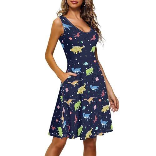 Image of Women Stylish Tank Dresses Sleeveless Round Neck Midi Casual Dress with Pocket for Summer