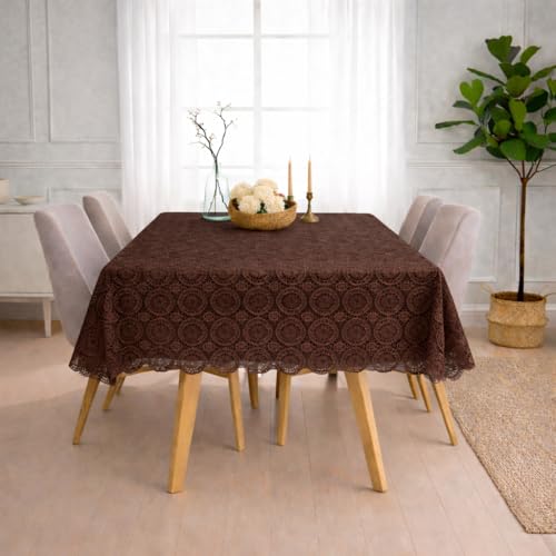 Image of STITCHNEST Cotton Net Table Cover for 2-4 Seater Dining Table | Decorative Lace Design | (40x60 Inch)| Rectangular Center Table Cloth | Brown | Pack of 1