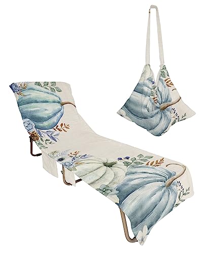 Thanksgiving Pumpkin Beach Chair Towel Covers for Chaise Lounge with Side Pocket, Soft Plush Pool Towels Cover for Patio Sunbathing Outdoor 29''x85'' Blue White Fall Eucalyptus Leaves