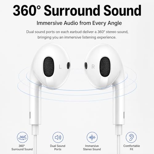 Image of Wired Earphones with Mic for iPhone 14 /13 /12 /11 /X /XS /XR /8 /7 | Stereo Sound Earbuds with Volume Control | Lightng Connector | Compatible with iOS Devices