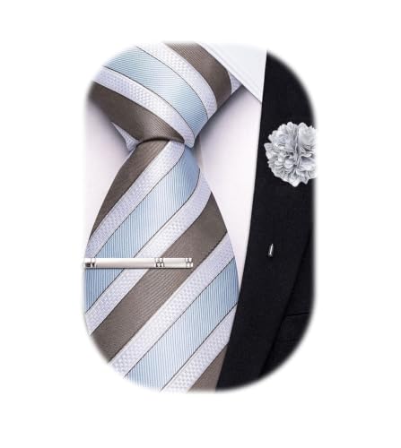 Image of Hi-Tie 63 inches Striped Paisley Extra Long Ties for Men Silk Necktie with Lapel Pin Tie Clip Big and Tall Men Formal Wedding