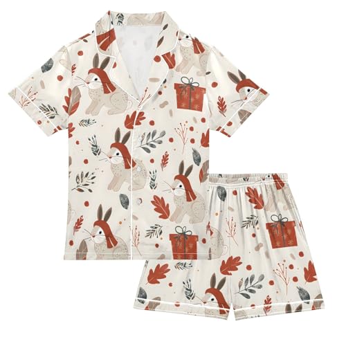 ALAZA Winter Rabbit Leaf Polka Dot Satin Pajamas Set Short Sleeve Button Down Sleepwear Summer Pjs 2 Piece