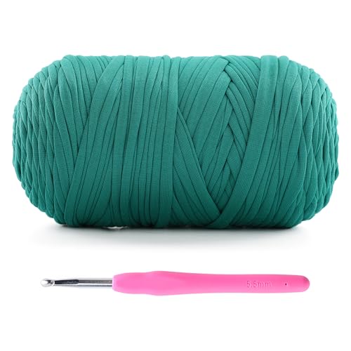 Image of Mooaske 1 Pack T-Shirt Crochet Yarn for DIY Knitting Crochet Cloth Blanket Bag Dolls - 400g Chunky Thick Yarn for Crocheting with Polyester-Spandex Blend Elastic Fabric (Pore Green)