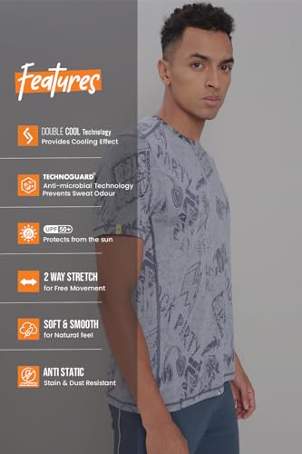 Image of TECHNOSPORT Men Polyester Regular Fit Half Sleeve Jacquard T-Shirt with Double Cool, Quick Dry & Anti Microbial for Sports, Running & Casual Use