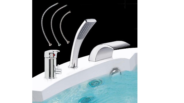 Melko Wannenrandarmatur Set Chrom – 5-Loch Wasserfall-Armatur Mit Handbrause & 2m Schlauch Für Badewanne