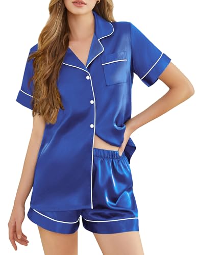 Image of Silk Pajamas for Women Short Sleeve Sleepwear Soft Button Down Loungewear 2 Piece Satin Pjs Shorts Set S-XXL