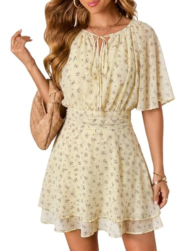 AIMCOO Summer Mini Dresses for Women Chiffon Floral Print Short Sleeve Ruffle Casual A Line Beach Vacation Sundresses Apricot XX-Large