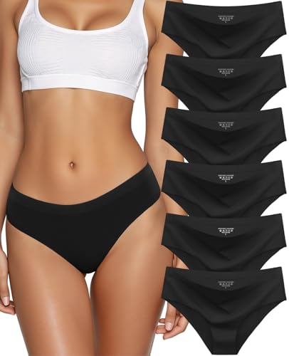 Kiqnsam Seamless Underwear for Women No Show Hipster Bikini Panties Low Rise Cheeky Breathable Soft Invisible Briefs 6 Pack (US Alpha Medium Regular Regular 6 black)