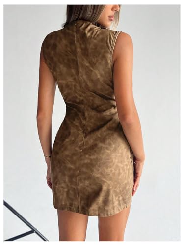 Image of RoseSeek Women's PU Leather Ruched Bodycon Dresses Mock Neck Sleeveless Zipper Mini Tank Dress