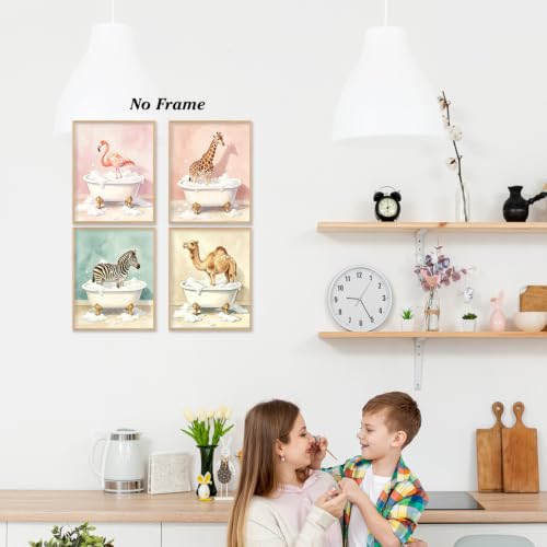 Image of Boat Wades Funny Animal Bathroom Wall Art Prints Set of 4, Flamingo Giraffe Zebra Camel Bathtub Posters Wall Decor for Kids Bathroom Washroom Restroom 8x10 Unframed