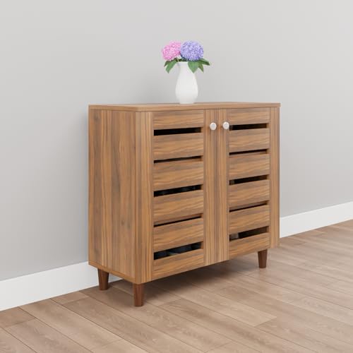 Image of VIKI Shoe Rack, Width 73cms, Brussel Walnut Colour | Pattern Ventilated Doors, Shoe Storage Cabinet for Hallway, Organizer Unit for Entryway, 1 Year Warranty