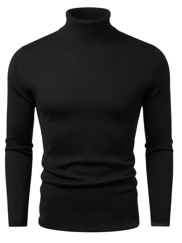 LEOTUDE Men Cottonblend Full Sleeve Muffler Neck Solid Black Regular Fit T-Shirt
