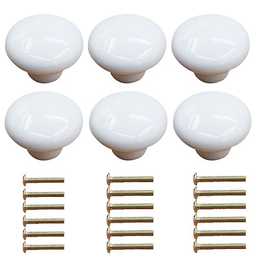 Image of 6PCS White Glossy Ceramic Knobs Button Round Mushroom Cabinet Dresser Vintage Pulls Door Handles Cupboard Wardrobe Drawer, Dia. 1.26 inch 32mm