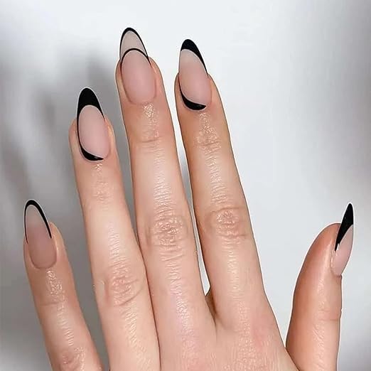RED shine Nude Black French Tip Press On Nails | Almond Shape | ABS Material | 24 Nails Set-image-48