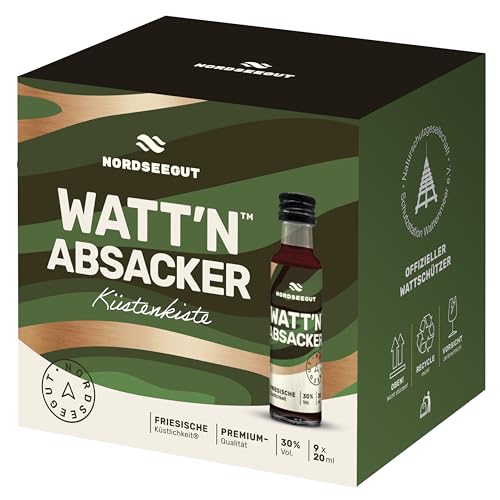 NORDSEEGUT WATT'N ABSACKER 9x0,02 l | Kräuterlikör aus Limette, Hagebutte, Kräuter mit 30% Vol. | Mild-aromatischer, leicht würziger Absacker mit dezenter Schärfe & Premium-Qualität der Nordsee