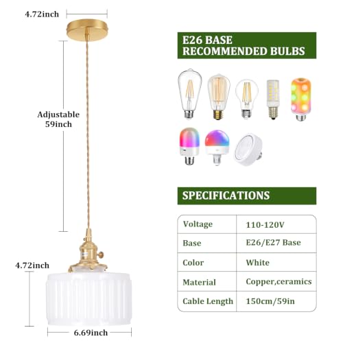 Image of Shenmoyl Pendant Light 2 Pack with White Striped Glass Lmapshade, Brass Vintage Pendant Light Adjustable Hanging Light for Kitchen Island Dining Room Hallway