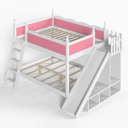 Image of Bellemave Bunk beds Full Over Full with Slide and Stair, Low bunk /loft Bed for Kids,Pink and White