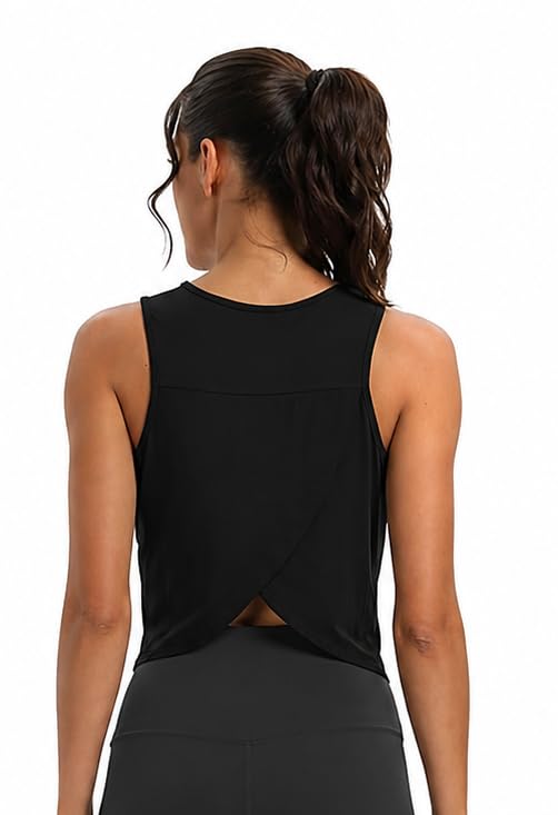 Image of Workout Tops for Women Cropped Open Back Sleeveless Tank Tops Athletic Gym Yoga Shirts Loose Fit