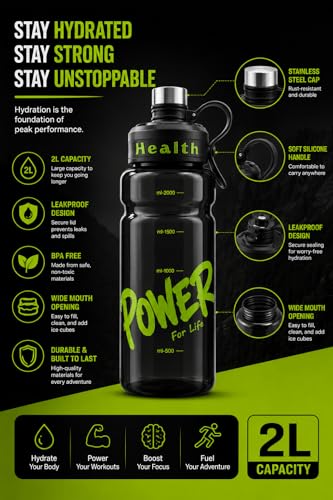 Image of 2 Liter Large Capacity Leakproof Water Bottle, l Capacity BPA-Free Sports Water Bottle for Gym Yoga - (Black)