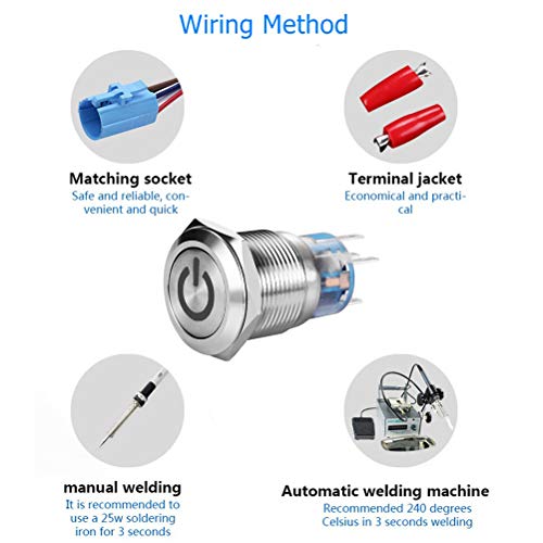 Quentacy 19Mm 3/4" Latching Pushbutton Switch Led 12V Dc 5A Power Symbol On-Off Waterproof Toggle Switch Stainless Steel Shell With Wire Connector Plug(Red Light) #TOP3