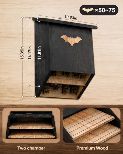Image of Bat Houses, Weatherproof Two Chamber Bat Box for Outdoors
