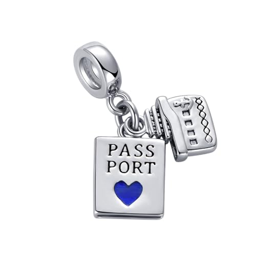 Abalorio de pasaporte y barco para pulsera Pandora en cobre con corazón azul