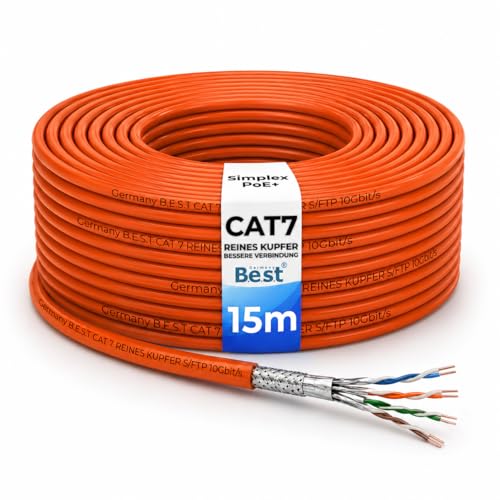 Germany B.e.s.t CAT 7 15M Simplex Netzwerkkabel Verlegekabel Kupfer LAN Kabel Ethernetkabel S/FTP 10 Gbit/s Kat 7 reines Kupfer Datenkabel PoE+ LSZH Datenkabel