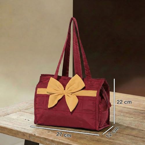 Image of Kuber Industries Cotton Hand Bag for Woman with Zip Closure | Ladies Purse | Multipurpose Party and Wedding Ladies Hand Purse | Bow Design - Maroon