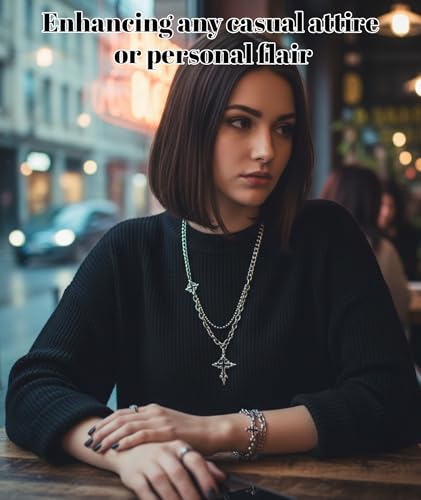 Image of 2-Piece Gothic Jewellery Set, Men Neck Chain with Cross Pendant, Punk Style Double Layer Necklace and Bracelet, Silver Alloy for Dailys Wear and Gift Giving