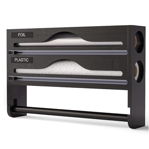 Dispenser e taglierina 3 in 1, in bambù, per pellicola trasparente, fogli di latta e carta pergamena, adatto per rotoli da 34,3 cm, organizer da cucina, durevole ed elegante (bianco)