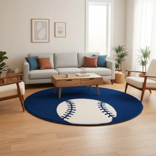 Image of Modern Shaggy Round Rug | Ultra-Soft Plush Circle Carpet for Living Room, Bedroom, Nursery | Fuzzy, Fluffy Area Rug with Non-Slip Base Blue Double Ball 7x7 feet