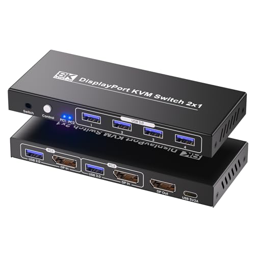 Displayport KVM Switch 1 Monitor 2 Computers, 8K@60Hz 4K@120Hz 2 Port DP KVM Switch with 4 Port USB 3.0 Hub for 2 Computers Share 1 Set of Keyboard, Mouse and 1 Monitor