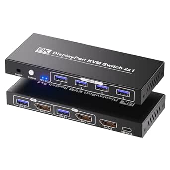 DisplayPort KVM Switch 1 Monitor 2 Computers, 8K@60Hz & 4K@120Hz, 2-Port DP KVM with 4-Port USB 3.0 Hub