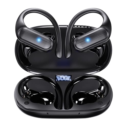 Wireless Earbuds,Bluetooth Headphones 80hrs Play Back Sport Earphones with LED Display Over-Ear Buds with Earhooks Built-in Mic IPX7 Waterproof Headset for Workout Grey -Black