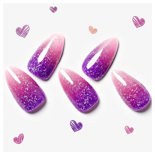 Color Changing Gel Press on Nails Short Almond Nails, Pink Purple Glitter Temperature Mood Change Fake Nails Galaxy Ombre Glue on Nails Medium Oval Thermochromic Acrylic False Nail Kits Stick on Static Nails for Women 24 Pcs - GLAMERMAID