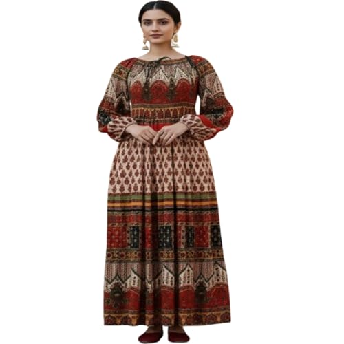Image of Women's Cotton Dress Jaipuri Sanganeri Print Midi Long Dress Printed Fit and Flare Maxi Dress A-Line Gown Dress Maxi Skirt, Mandala (Free Size)