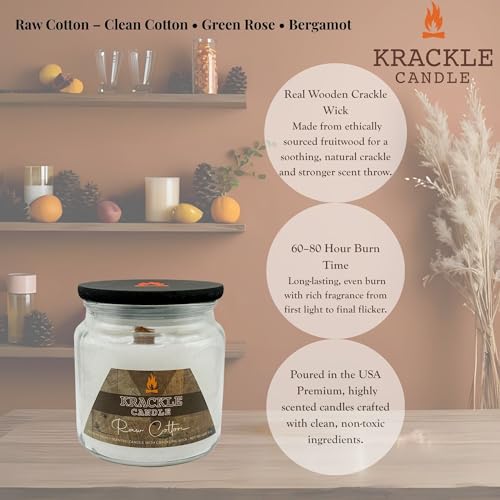 Image of Krackle Candle | Raw Cotton | 16 oz Scented Candle with Natural Crackling Wooden Wick | Poured in the USA | Clean Cotton, Green Rose & Bergamot Fragrance