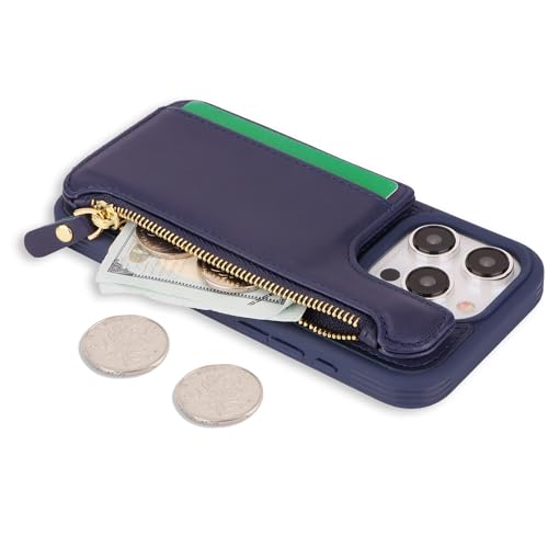 Image of Cavor for iPhone 13 Pro Case with Card Holder,for iPhone 13 Pro Wallet Case for Women Men,Leather Magnetic Clasp Zipper Pocket Protective Phone Cover-Blue