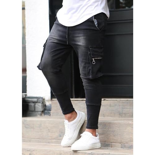 Men's Moto Biker Skinny Jeans Slim fit Cargo Denim Pants4