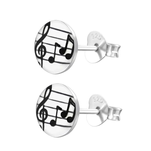 Pendientes de tuerca con clave de sol y notas musicales con caja de regalo, plata de ley, 7 x 7 mm, redondos, 7 x 7mm, Plata de ley, Sin piedra preciosa