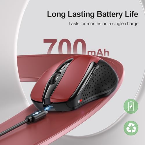 Image of TECKNET Wireless Mouse, BT 5.0 /2.4G, Rechargeable 6-DPI Silent, Red | Bluetooth 5.0 /3.0 & USB A, 2-Device Easy Switch, Wide OS Compatible, 6 Buttons, 6-DPI up to 4800, Ergonomic for S to M Hands