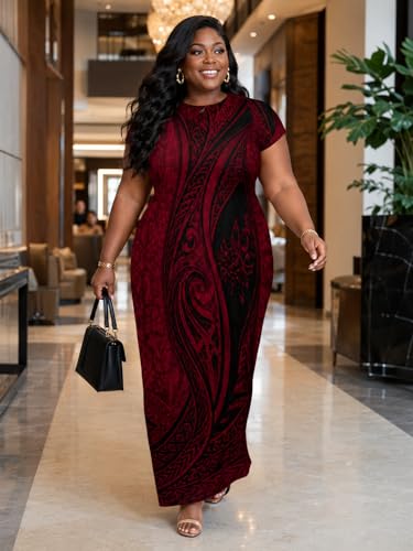 Image of Plus Size Maxi Dress for Women Short Sleeve V Neck Casual Loose Sundress with Pockets