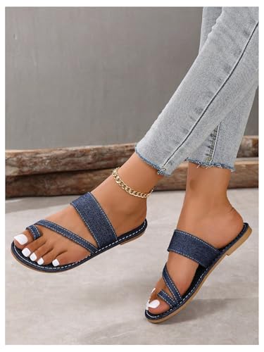 Image of GORGLITTER Women's Denim Jean Sandals Cute Dressy Toe Ring Strappy Slip on Slide Flats Sandal