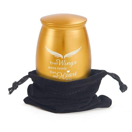 Image of Small Gold Cremation Urn for Human for Women Men with Velvet Bag | 2.6x1.7Inch Aluminum Mini Keepsake Urns for Ashes Adult Male /Female with Angel Wings