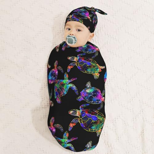 Image of Sea Turtle Newborn Swaddle Blanket with Beanie Set Soft Baby Sack Stretch Adjustable Swaddle Wraps Receiving Blankets